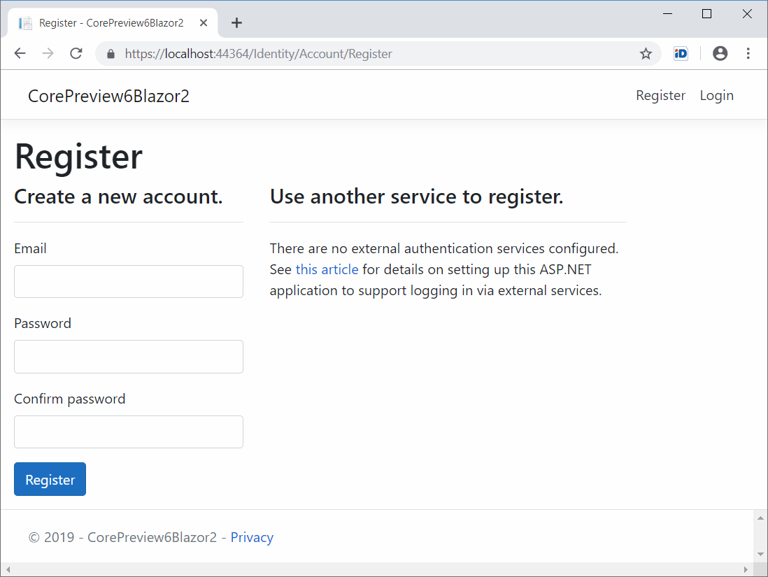 Default registration page of server-side Blazor application